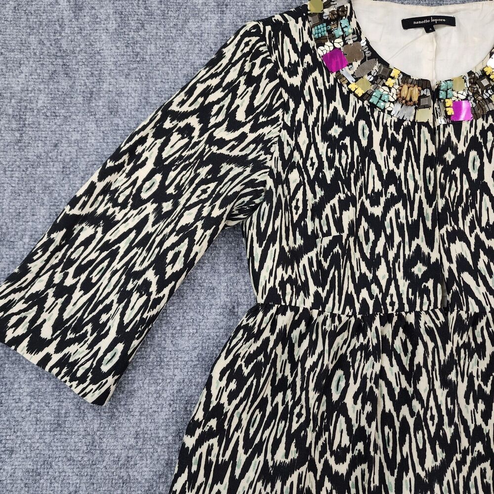 Nanette Lepore Jacket Womens 4 Black White Tribal Linen Blend 3/4 Sleeve Gems - Picture 7 of 16